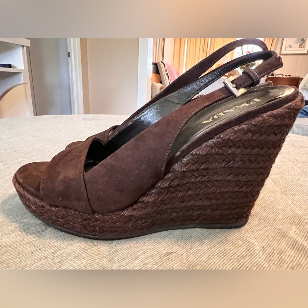 PRADA EU 37 US 7 Brown Suede Sling Back Espadrille Wedge Shoes Orig $1150 - Picture 6 of 11